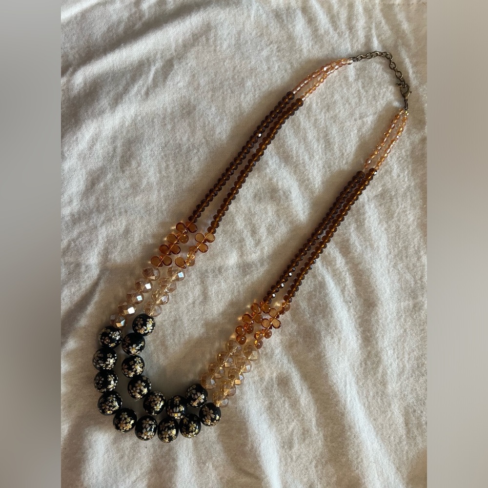 Anthropologie Black Brown Amber Gold Beaded Later Necklace